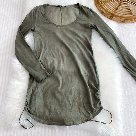 PAM & GELA Ruched Side Tie Bodycon Mini Dress Shirred Scoop Neck Cotton Olive - Picture 5 of 14